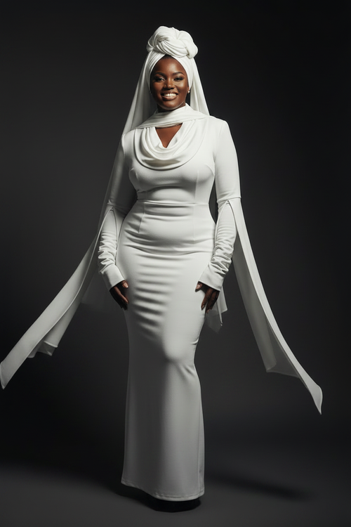 Beautiful Black plus-sized woman wearing the VELMORI Ivory Drape Dress with matching white headwrap