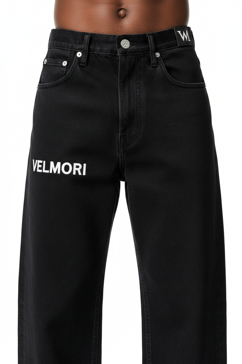VELMORI Maison Noir Denim — front close-up with embroidered branding