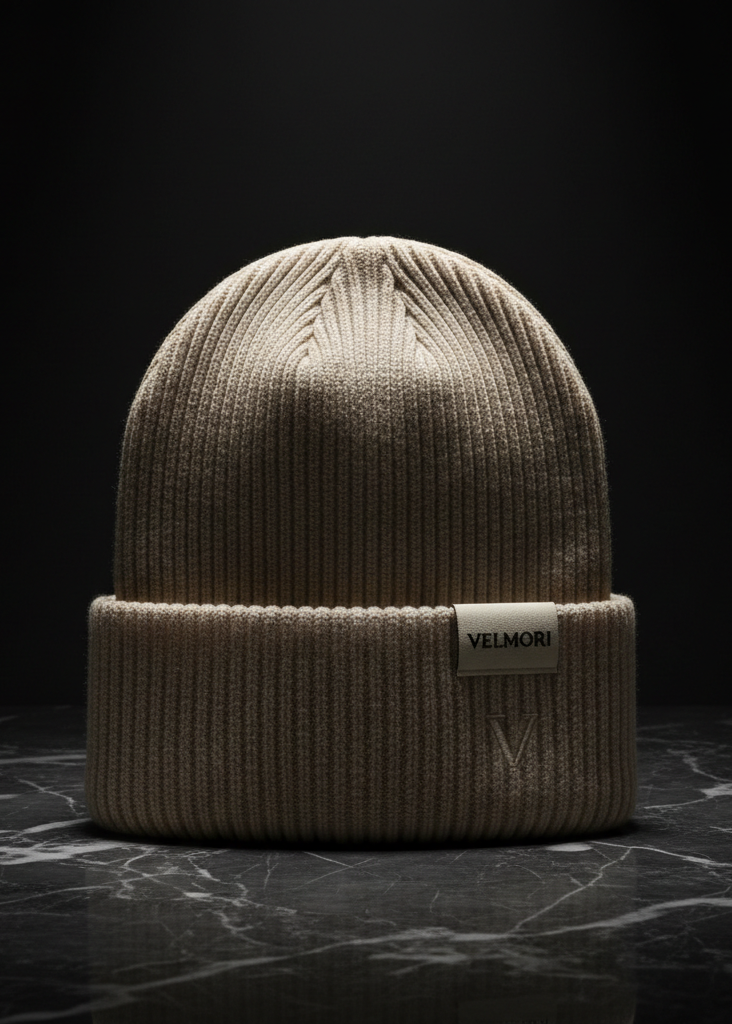 VELMORI Luxe Crest Beanie in beige