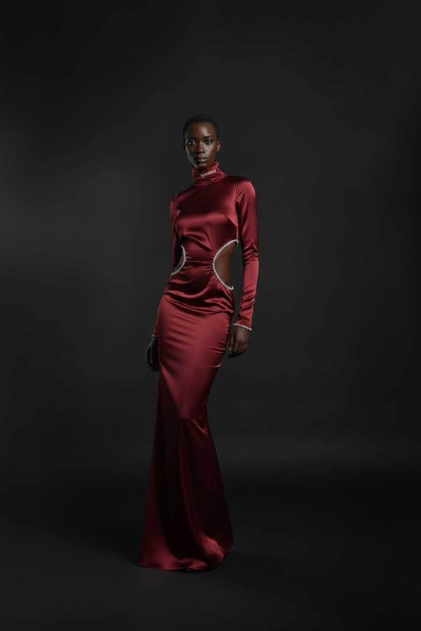 VELMORI Silk Sculpted Maxi Gown – Wine Red
