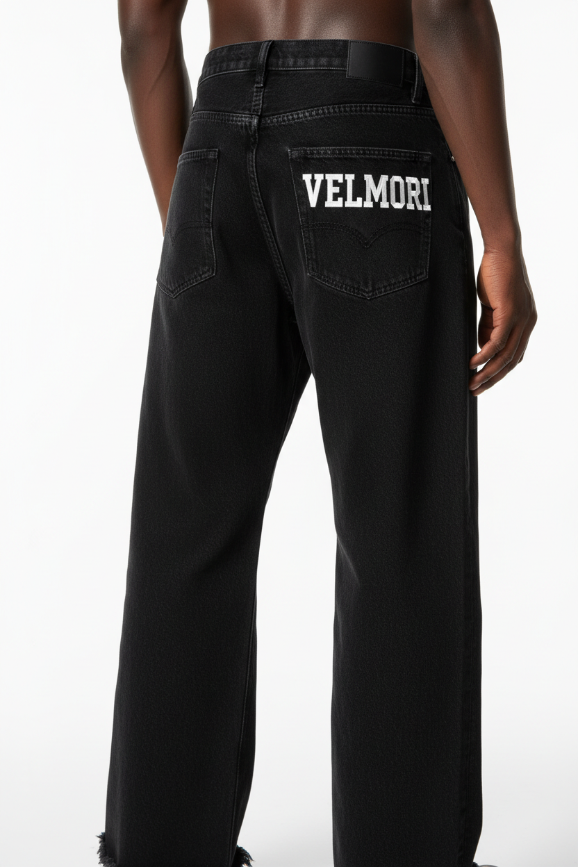 VELMORI Maison Noir Denim — back close-up with pocket branding