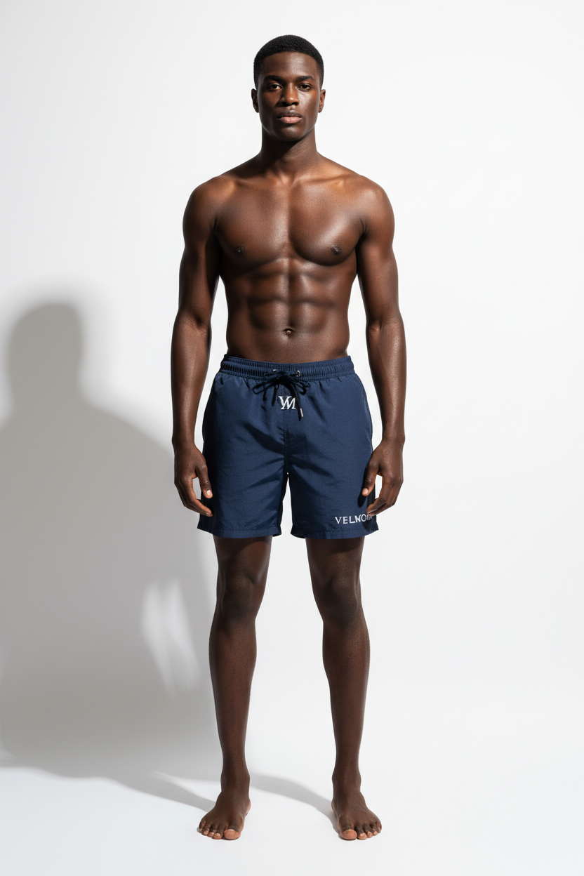 VELMORI Navy Swim Trunk — front view