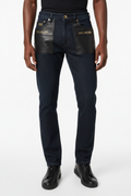 VELMORI Noir Cuir Leather-Trim Denim Jean — front view with leather pocket detail