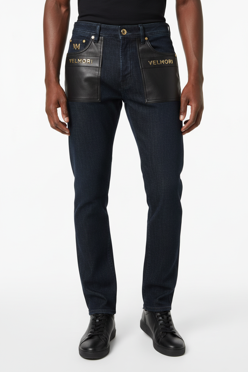 VELMORI Noir Cuir Leather-Trim Denim Jean — front view with leather pocket detail