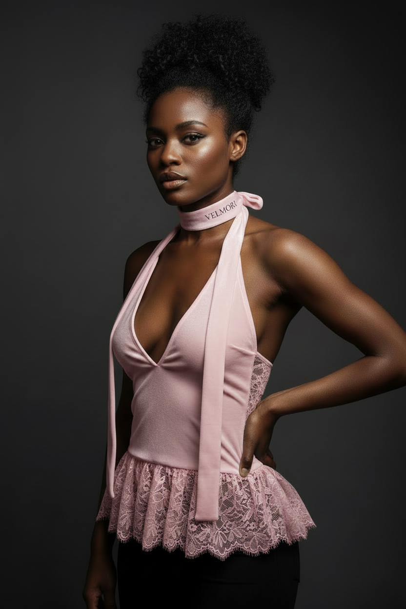 VELMORI Baby Pink Velvet Hip-Length Halter Top