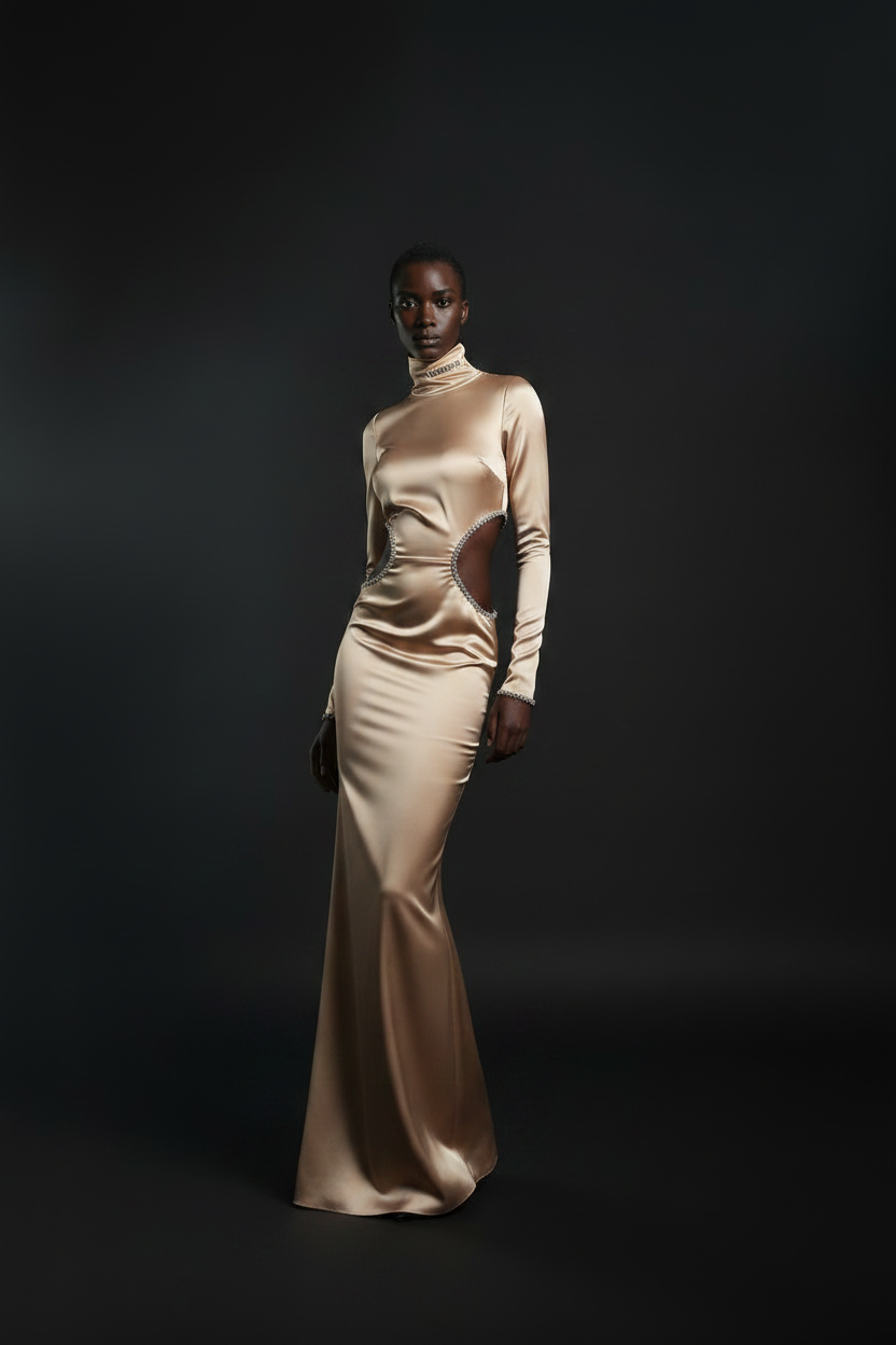 VELMORI Beige Silk Turtleneck Maxi Gown