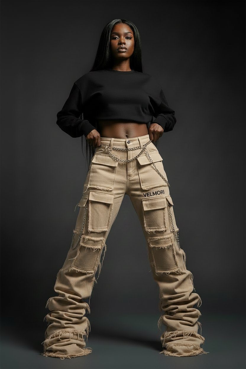 VELMORI Beige Stacked Cargo Pants