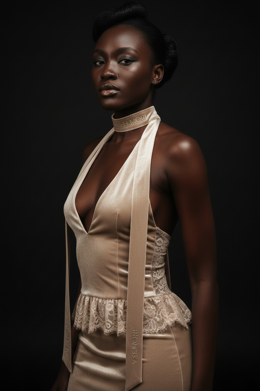 VELMORI Beige Velvet Hip-Length Halter Top