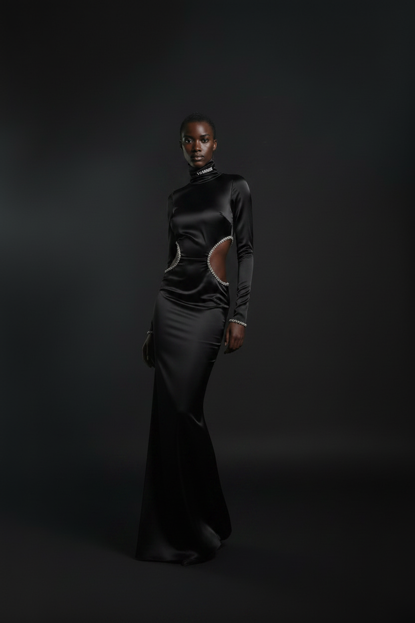 VELMORI Black Silk Turtleneck Maxi Gown