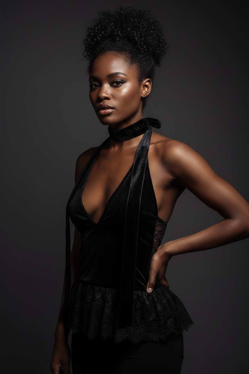 VELMORI Black Velvet Hip-Length Halter Top