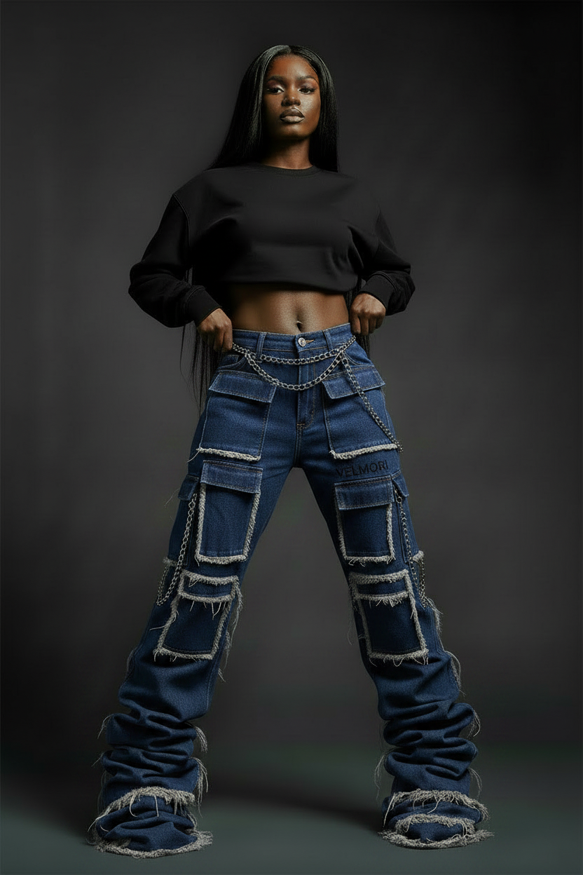 VELMORI Dark Blue Denim Stacked Cargo Pants