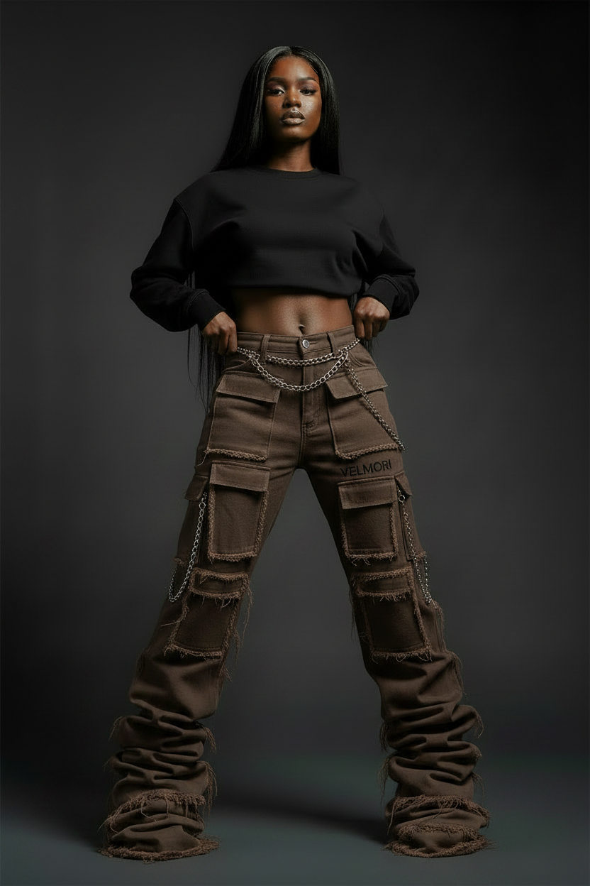 VELMORI Dark Brown Stacked Cargo Pants
