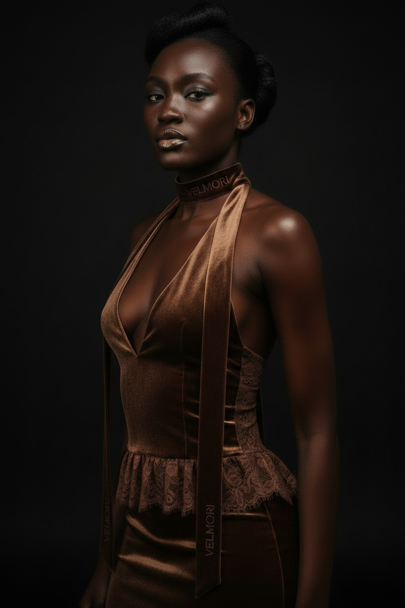 VELMORI Espresso Brown Velvet Hip-Length Halter Top