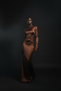 VELMORI Espresso Silk Contoured Turtleneck Maxi Gown