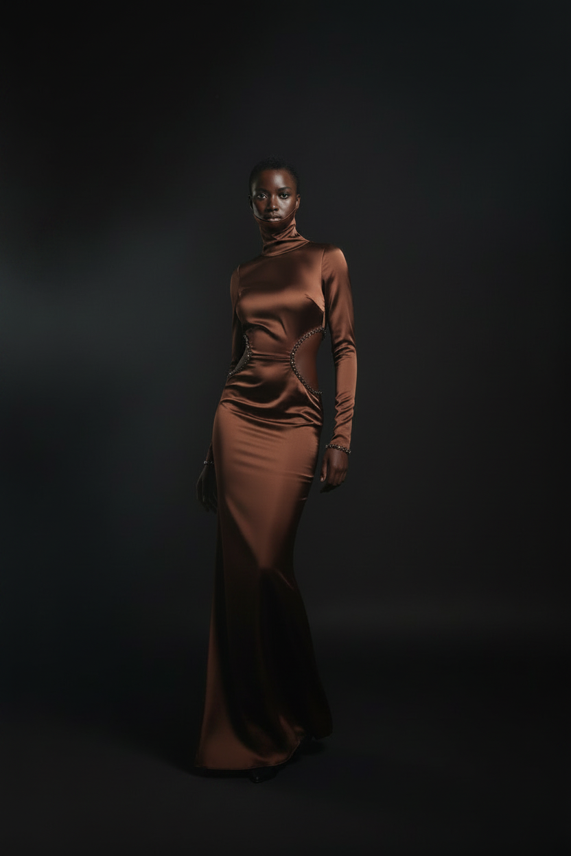 VELMORI Espresso Silk Contoured Turtleneck Maxi Gown