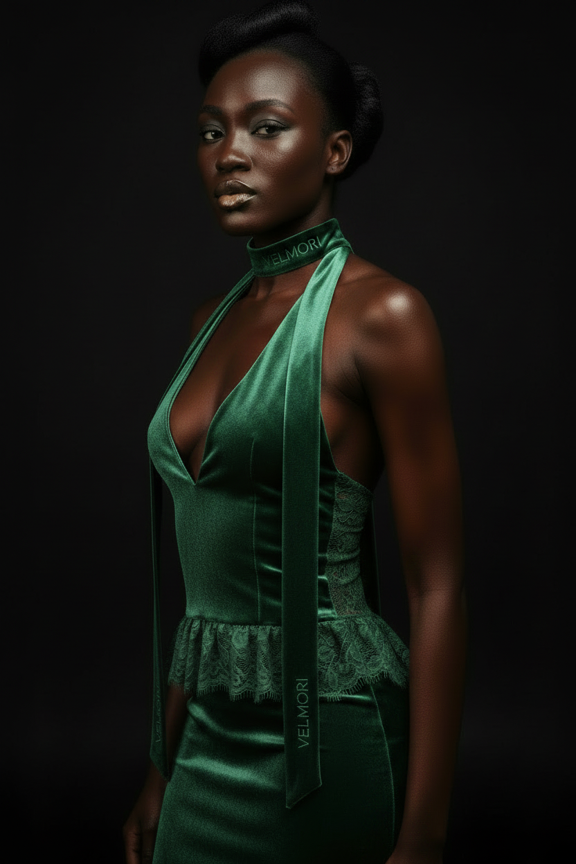 VELMORI Forest Green Velvet Plunge Halter Top