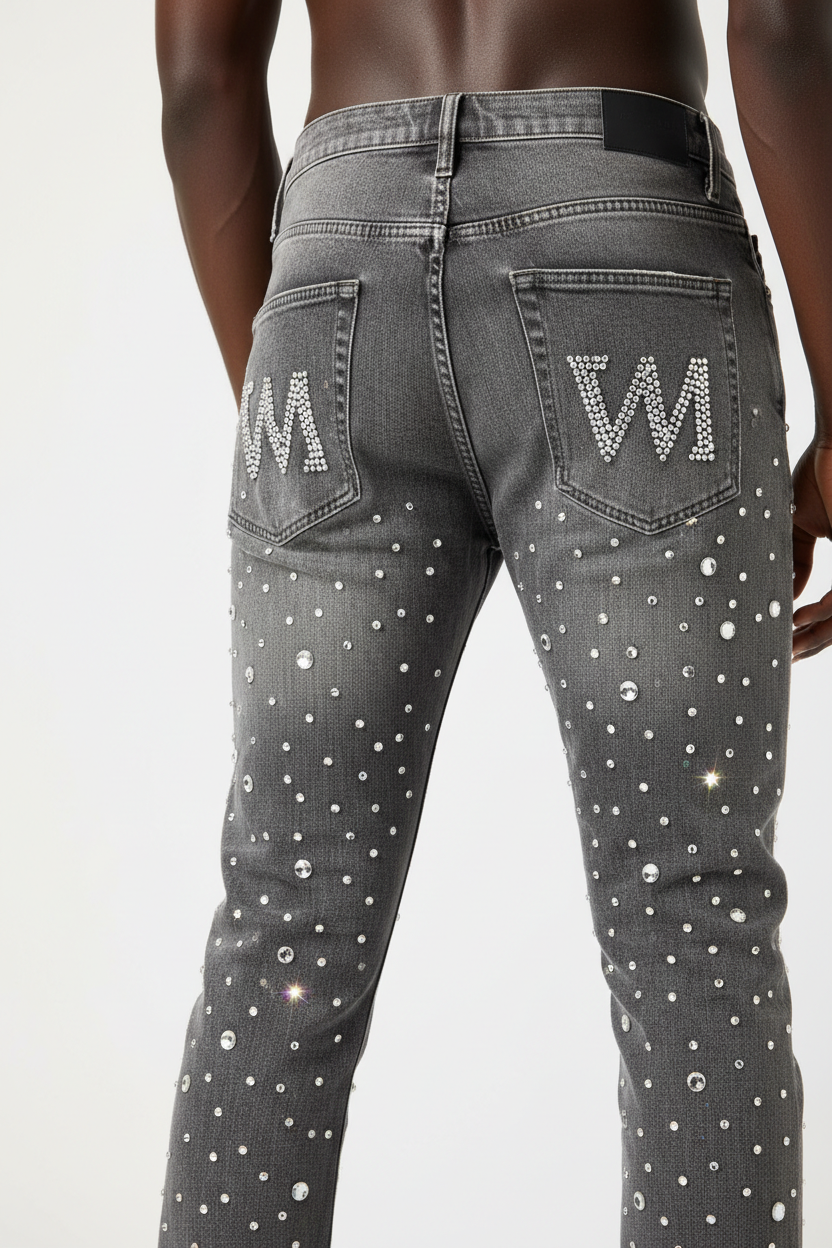 VELMORI Grey Rhinestone Jean — Back Close-Up
