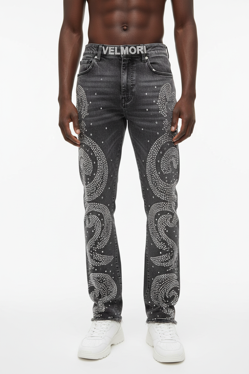 VELMORI Grey Rhinestone Jean