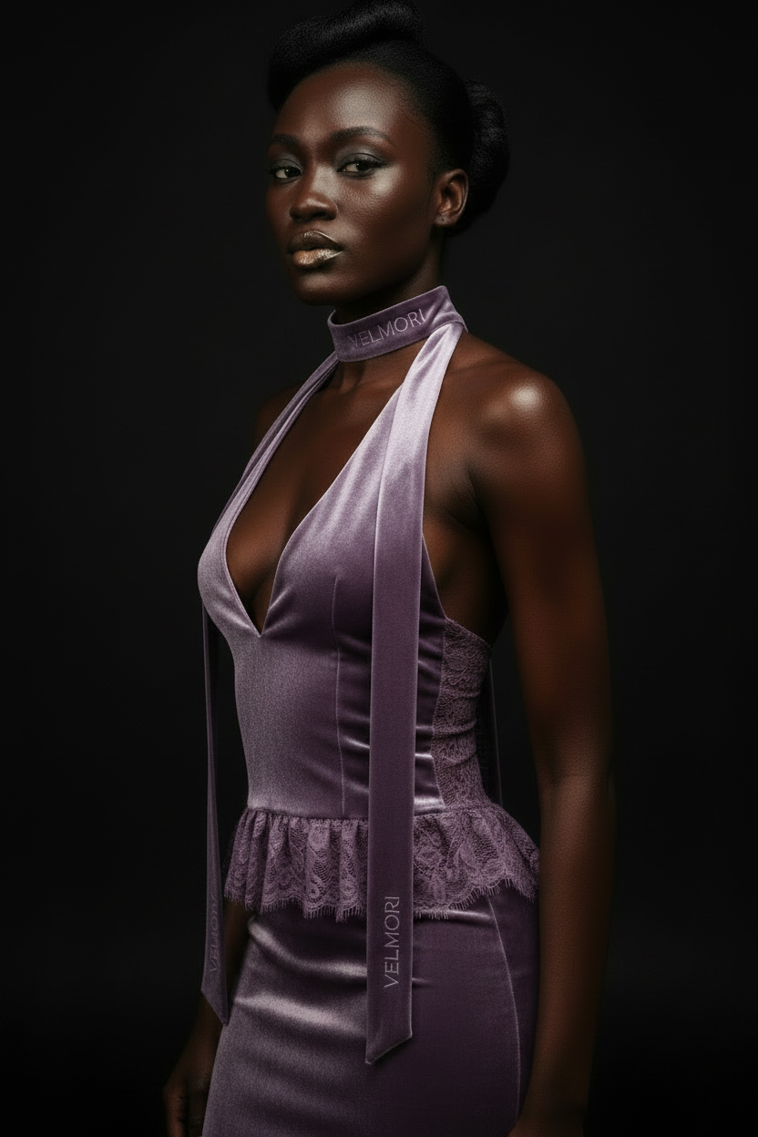VELMORI Lavender Purple Velvet Plunge Halter Top