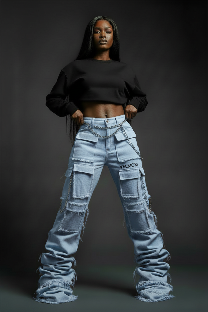 VELMORI Light Blue Denim Stacked Cargo Pants