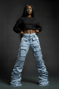 VELMORI Light Blue Denim Stacked Cargo Pants