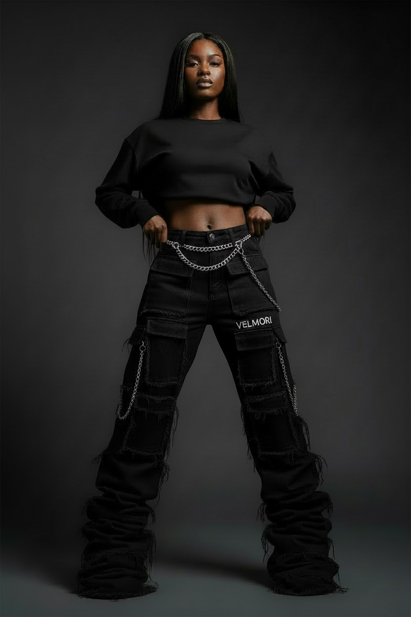 VELMORI Low-Rise Stacked Cargo Pants – Chain Belt Side Pockets