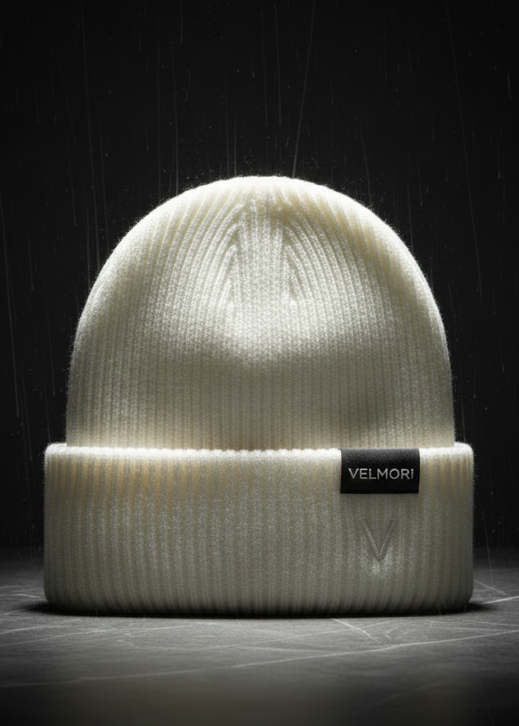 VELMORI Luxe Crest Beanie - White Fixed Tag