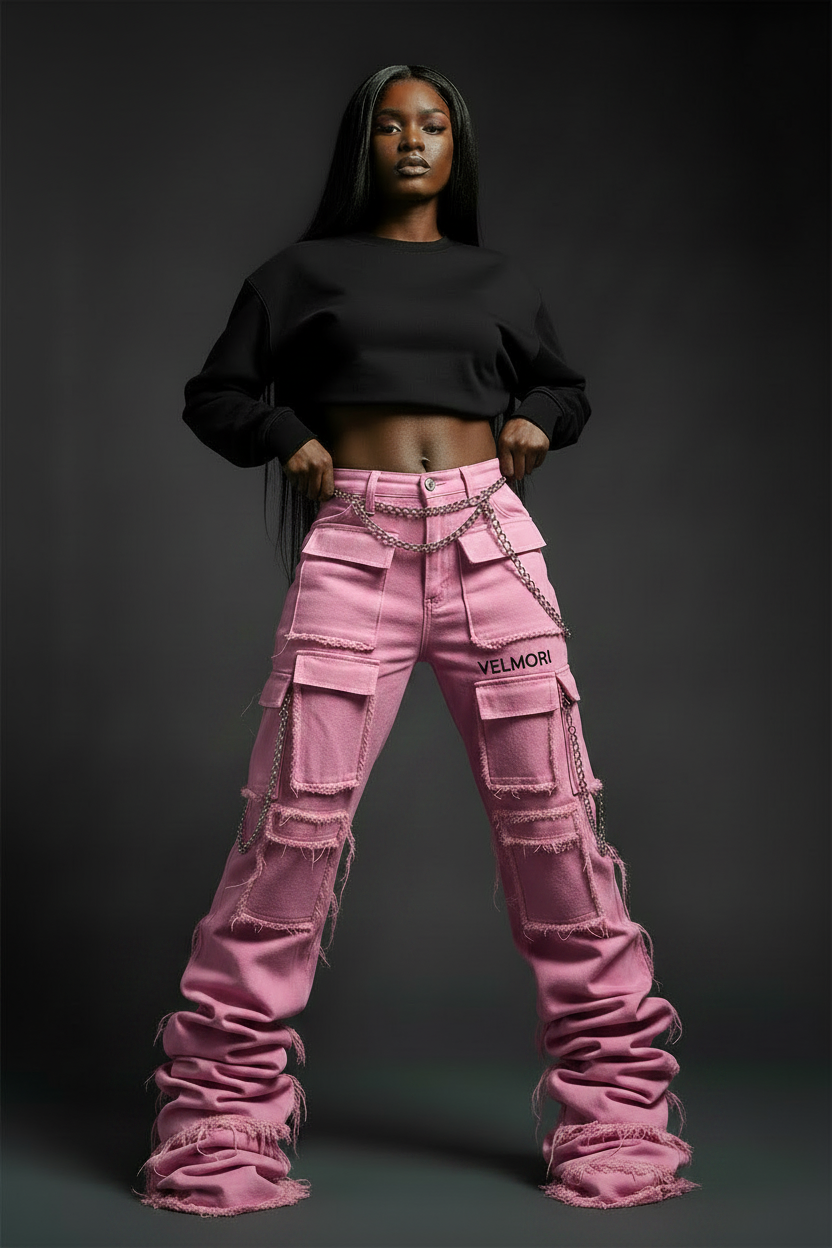 VELMORI Pink Stacked Cargo Pants