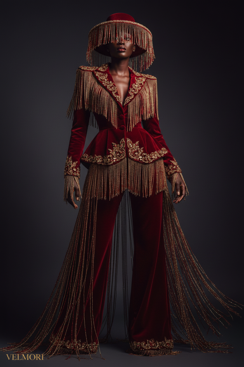 VELMORI — Red & Gold Fringe Pantsuit