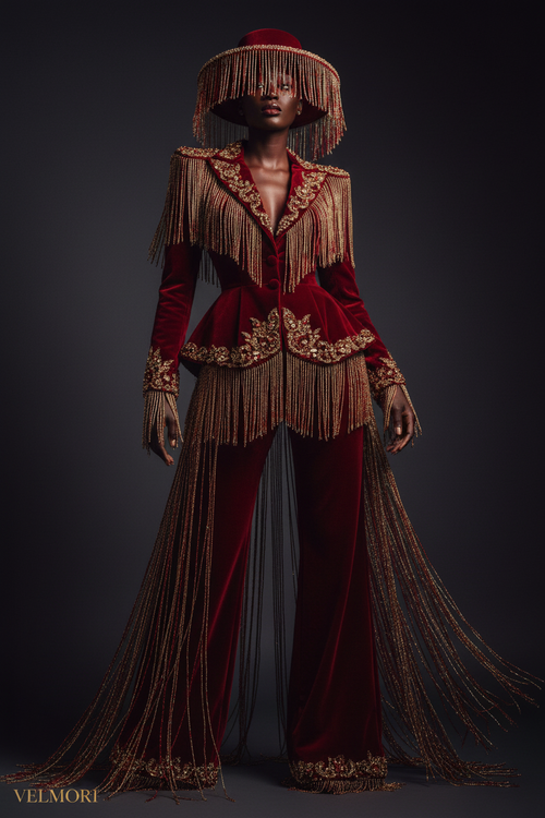 VELMORI — Red & Gold Fringe Pantsuit