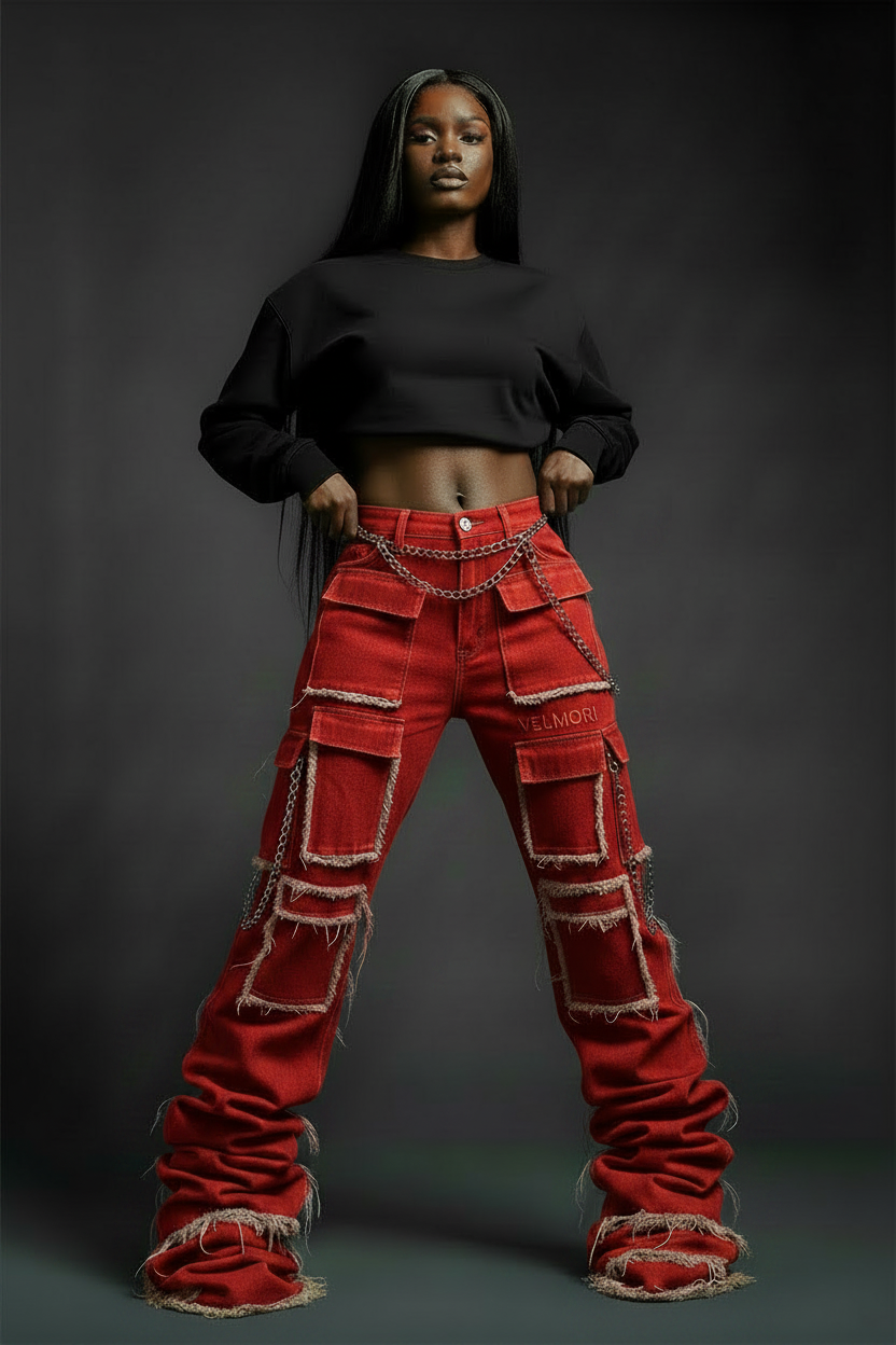 VELMORI Red Stacked Cargo Pants