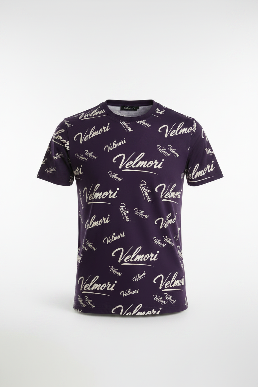 VELMORI Signature Script Tee - Purple Flat Lay
