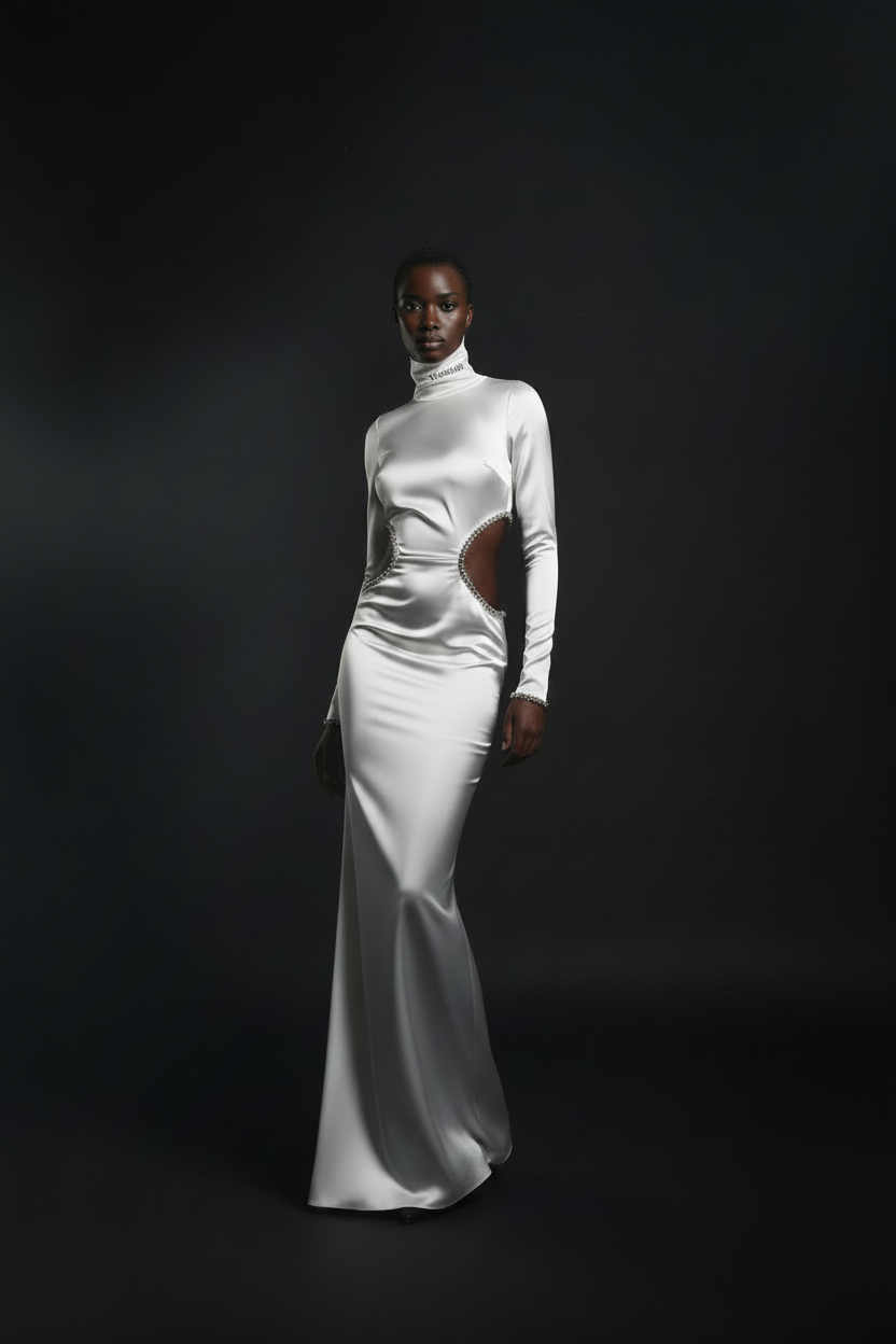VELMORI White Silk Turtleneck Maxi Gown – Clean Neck
