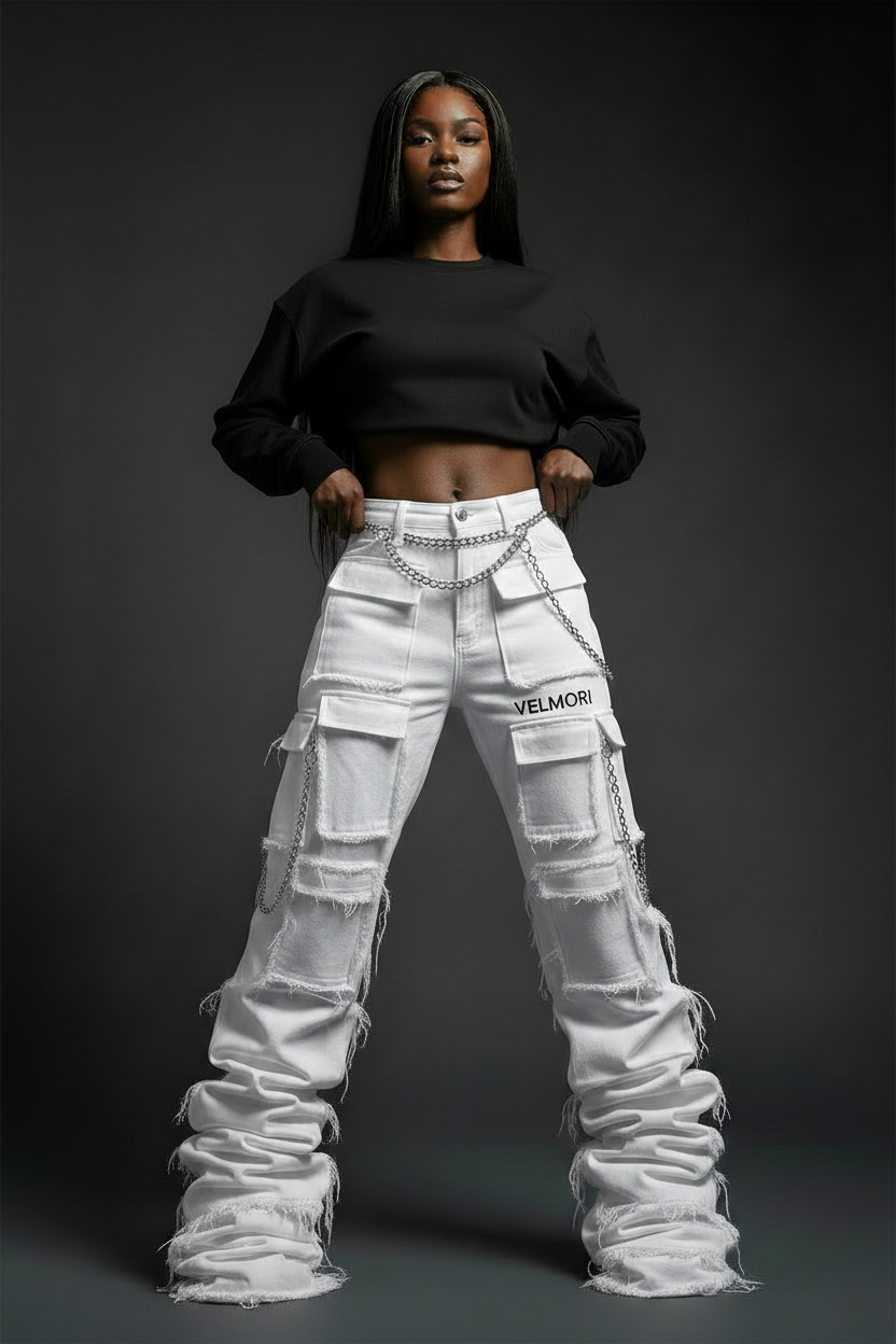 VELMORI White Stacked Cargo Pants
