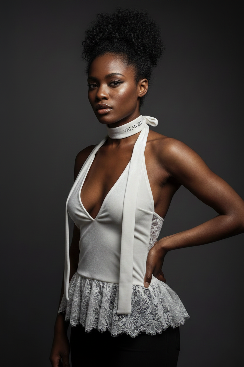 VELMORI White Velvet Hip-Length Halter Top