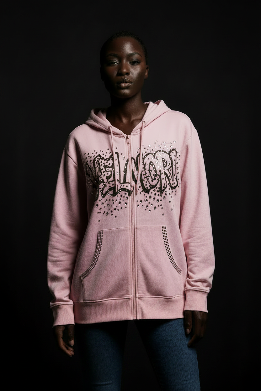 VELMORI Zip-Up Hoodie – Pink with Jeans